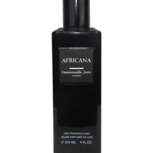 Flacon noir de la brume parfumée de luxe Africana par Emmanuelle Jane Paris pour homme sur fond blanc.