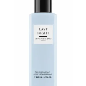 Flacon bleu de brume parfumée Last Night d'Emmanuelle Jane 265 ml avec bouchon noir.
