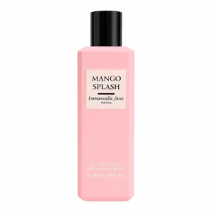 Flacon rose rectangulaire de brume parfumée Mango Splash d'Emmanuelle Jane avec bouchon noir sur fond blanc.