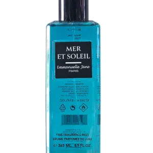 Flacon bleu de la brume parfumée Mer et Soleil d'Emmanuelle Jane Paris, format de 265 ml avec son bouchon noir.