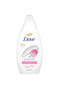 Flacon blanc de gel douche Dove Petal Soft avec logo doré, pétale rose et mention sans sulfate SLES.