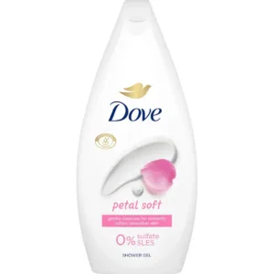 Flacon blanc de gel douche Dove Petal Soft avec logo doré, pétale rose et mention sans sulfate SLES.