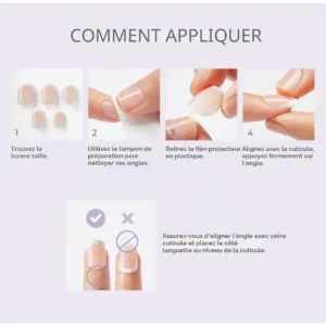 Guide d'application de faux-ongles imPRESS : 4 étapes illustrées pour poser et bien aligner ses ongles adhésifs.