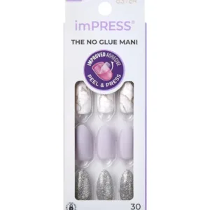 Faux ongles autocollants imPRESS Climb Up motif marbre, violet mat et paillettes argentées, boîte de 30 capsules sans colle.