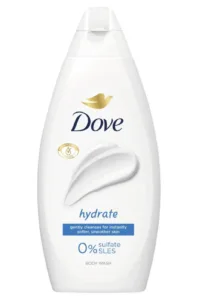 Flacon blanc de gel douche Dove Hydratant 450 ml avec logo doré et texture de crème lavante sur fond blanc.