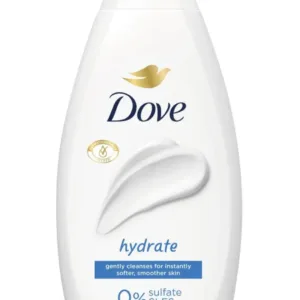 Flacon blanc de gel douche Dove Hydratant 450 ml avec logo doré et texture de crème lavante sur fond blanc.
