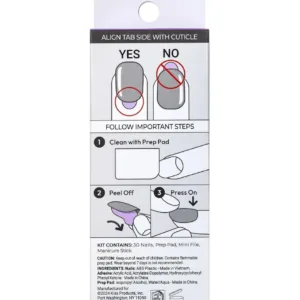 Guide d'application pour faux ongles Kiss : aligner la languette vers la cuticule, nettoyer, décoller et presser.