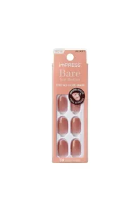 Boîte de faux ongles imPRESS Bare But Better avec 6 faux ongles roses visibles dans leur emballage rectangulaire.