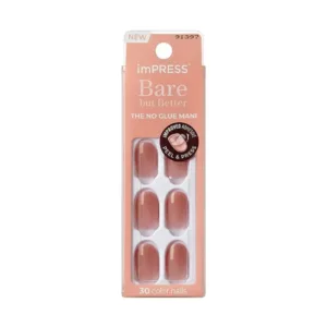Boîte de faux ongles imPRESS Bare But Better avec 6 faux ongles roses visibles dans leur emballage rectangulaire.