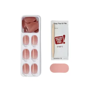 Contenu du kit de faux ongles imPRESS Bare But Better avec lingette de préparation, lime rose et bâtonnet en bois.
