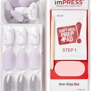 Kit faux ongles imPRESS Climb Up avec lingette de préparation, bâtonnet en bois, mini lime et capsules marbrées et pailletées.