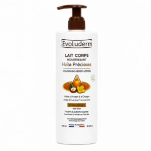 Lait corps nourrissant Huile Précieuse Evoluderm 500 ml aux huiles d'argan et d'onagre pour peaux sèches fabriqué en France.