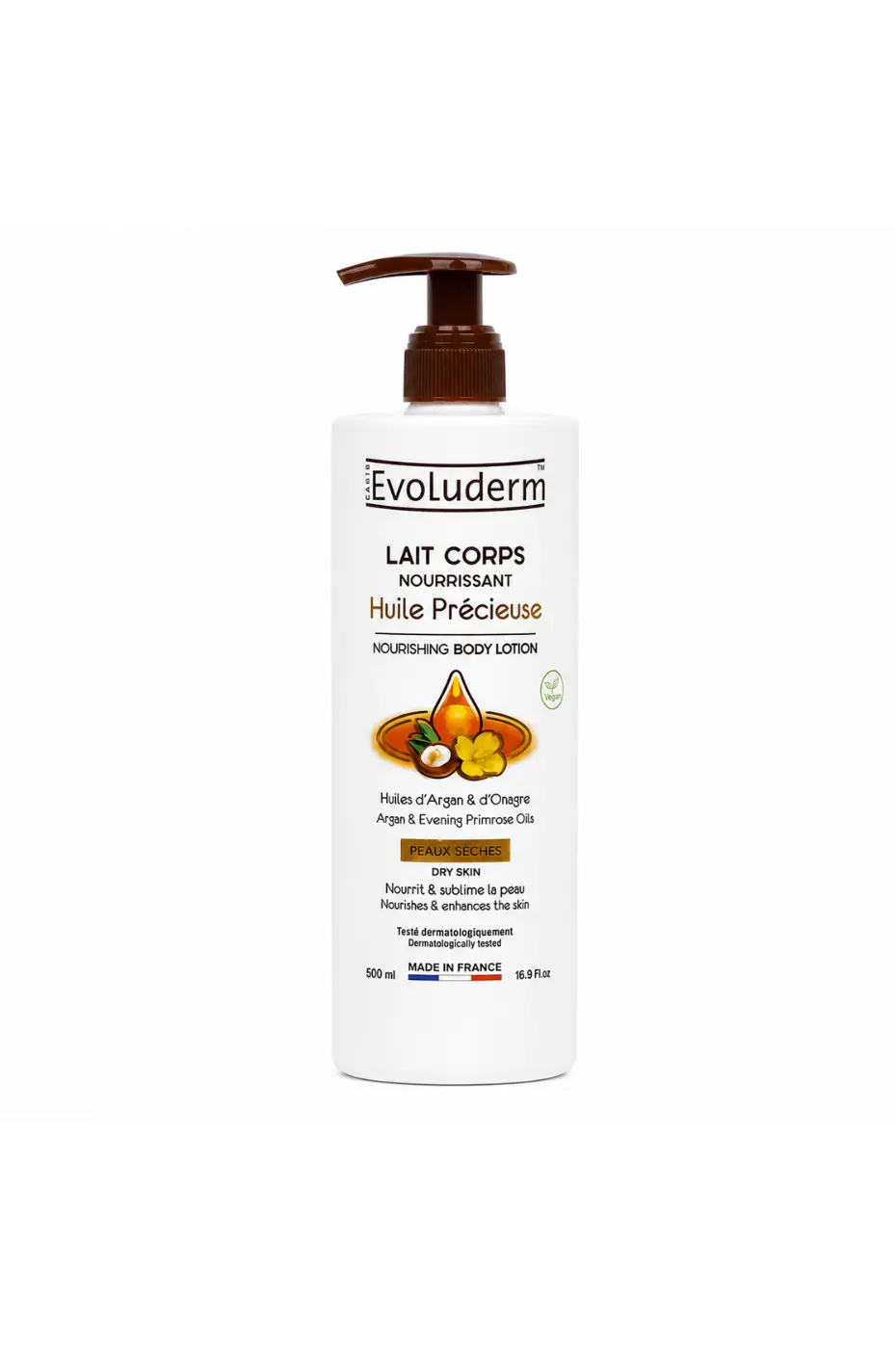 evoluderm-lait-corps-huile-precieuse-1 Lait corps nourrissant Huile Précieuse Evoluderm 500 ml aux huiles d'argan et d'onagre pour peaux sèches fabriqué en France.