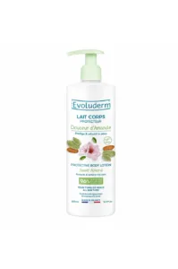 Flacon de lait corps protecteur Evoluderm Douceur d'Amande 500 ml avec pompe, soin hydratant végan sur fond blanc.