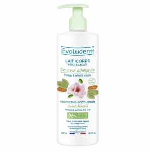 Flacon de lait corps protecteur Evoluderm Douceur d'Amande 500 ml avec pompe, soin hydratant végan sur fond blanc.