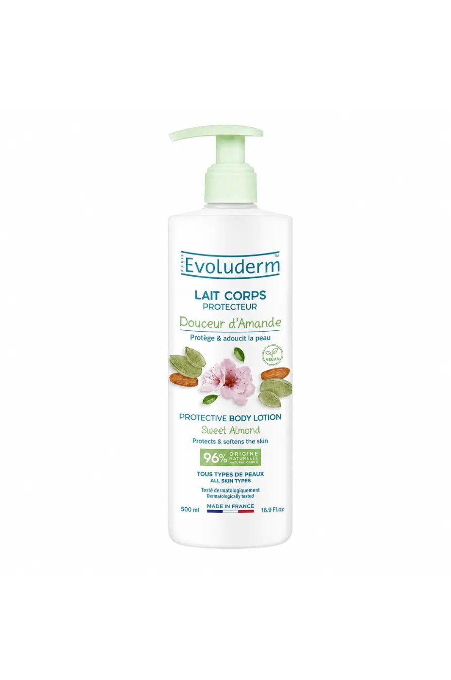 evoluderm-lait-corps-sweet-almond-500ml-1 Flacon de lait corps protecteur Evoluderm Douceur d'Amande 500 ml avec pompe, soin hydratant végan sur fond blanc.