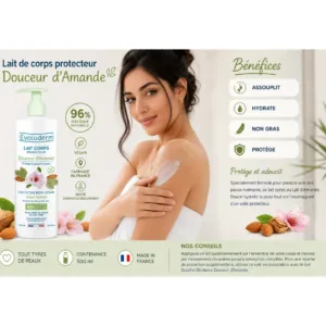 Publicité Evoluderm pour Lait corps protecteur Douceur d'Amande avec une femme appliquant la crème sur son épaule.