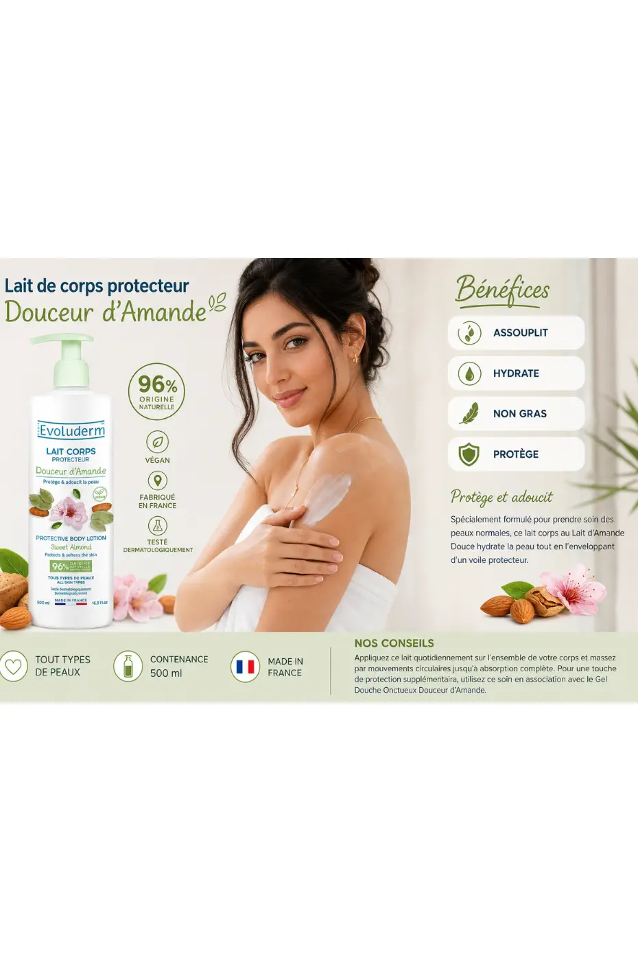 evoluderm-lait-corps-sweet-almond-500ml-2 Publicité Evoluderm pour Lait corps protecteur Douceur d'Amande avec une femme appliquant la crème sur son épaule.