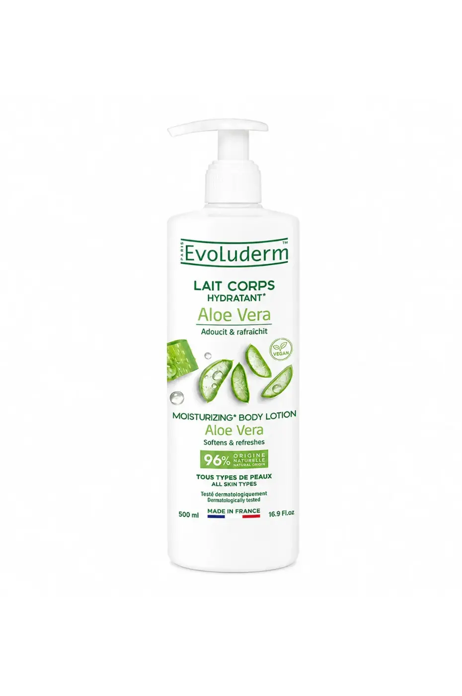 evoluderm-lait-de-corps-aloe-vera-500ml-1 Flacon de lait corps hydratant Evoluderm Aloe Vera 500ml pour tous types de peaux sur fond blanc neutre et propre.
