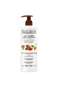 Lait corps ultra-nourrissant Evoluderm Argan Divin 500ml dans un flacon pompe blanc pour peaux très sèches.