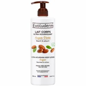 Lait corps ultra-nourrissant Evoluderm Argan Divin 500ml dans un flacon pompe blanc pour peaux très sèches.