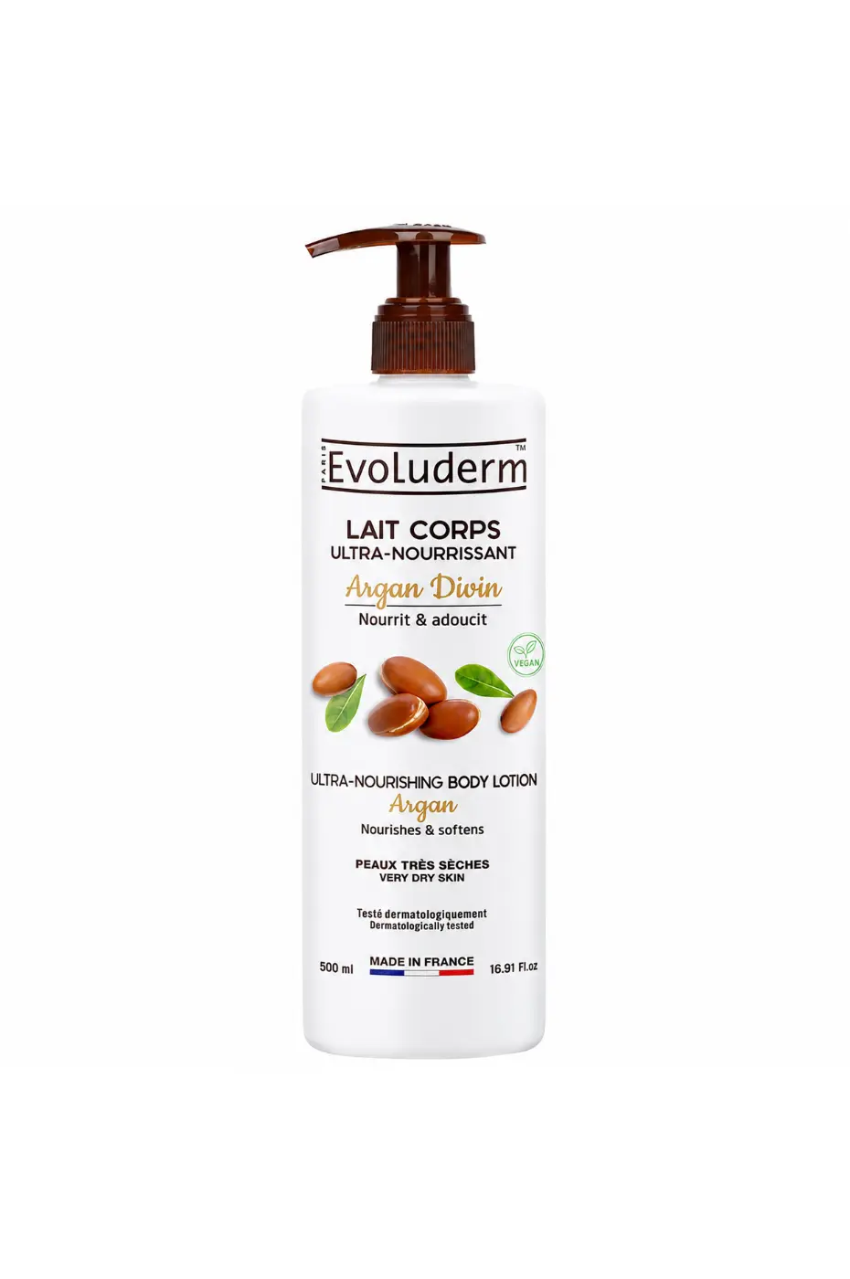 evoluderm-lait-de-corps-argan-divin-500ml-1 Lait corps ultra-nourrissant Evoluderm Argan Divin 500ml dans un flacon pompe blanc pour peaux très sèches.