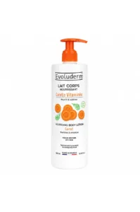Lait corps nourrissant Evoluderm à la carotte vitaminée pour peaux sèches, flacon pompe de 500ml fabriqué en France.
