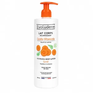 Lait corps nourrissant Evoluderm à la carotte vitaminée pour peaux sèches, flacon pompe de 500ml fabriqué en France.