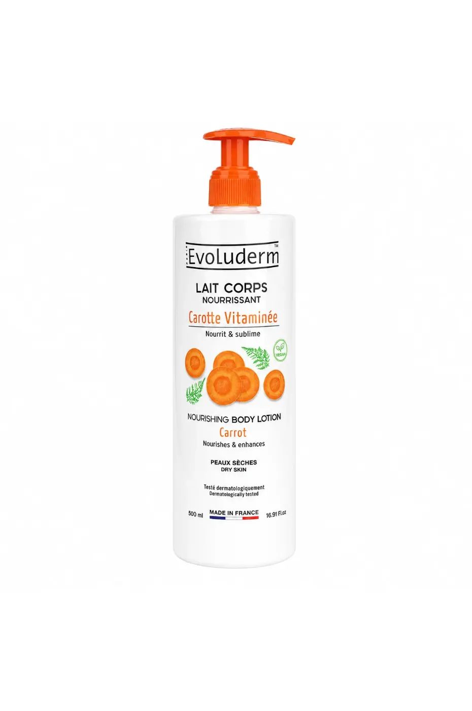 evoluderm-lait-de corps-carotte-vitaminee-1 Lait corps nourrissant Evoluderm à la carotte vitaminée pour peaux sèches, flacon pompe de 500ml fabriqué en France.