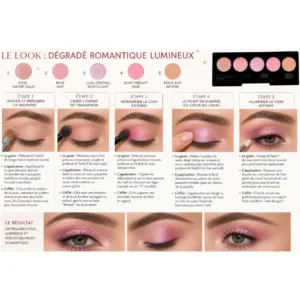 Guide tutoriel étape par étape pour réaliser un maquillage dégradé romantique avec fards à paupières roses.