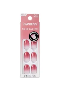 Faux ongles autocollants Kiss imPRESS Beat The Heat rose dégradé, kit manucure instantanée 30 pièces sans colle 18+.