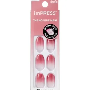 Faux ongles autocollants Kiss imPRESS Beat The Heat rose dégradé, kit manucure instantanée 30 pièces sans colle 18+.