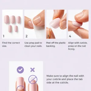 Guide de pose en 4 étapes pour faux ongles Kiss imPRESS Beat The Heat rose, application facile et rapide sans colle 18+.