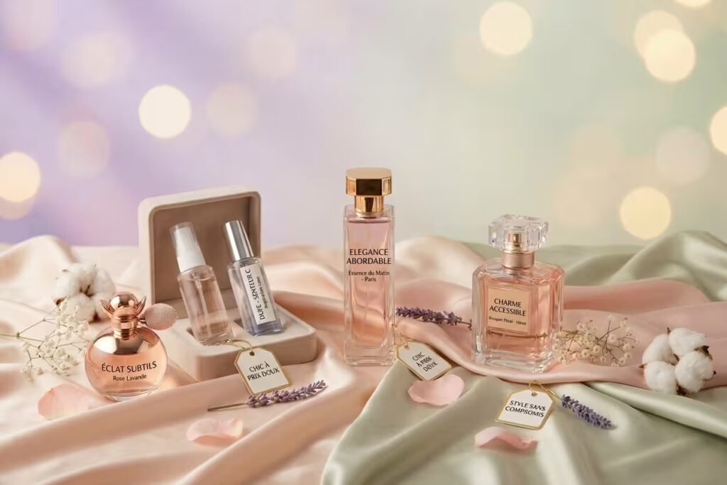 Flacons de parfum sur tissu élégant.