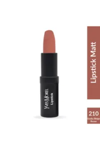 Rouge à lèvres mat Yves Morel teinte 210 Dusky Beige Rosee dans son tube noir élégant sur fond blanc.