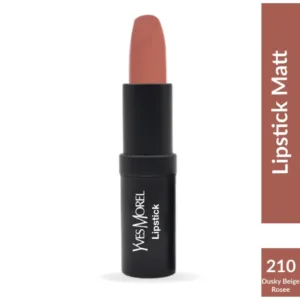 Rouge à lèvres mat Yves Morel teinte 210 Dusky Beige Rosee dans son tube noir élégant sur fond blanc.