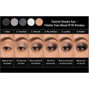 Tutoriel maquillage en 6 étapes pour un smoky eye avec la palette de fards à paupières Yves Morel N°10 Smokey.