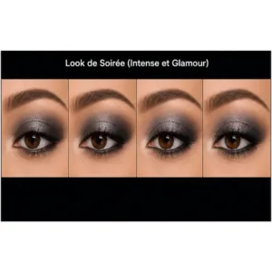 Quatre vues de maquillage smoky eye gris métallisé pour un look de soirée intense et glamour.