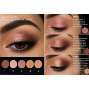 Tutoriel maquillage yeux look de soirée avec la palette fard à paupières Yves Morel Nude 11 aux nuances cuivrées.