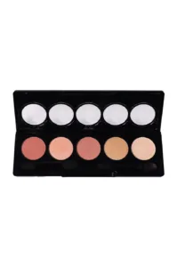 Palette de maquillage pour yeux et teint avec 5 fards professionnels et applicateurs mousses dans un boîtier noir.
