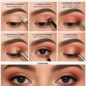 Palette fard à paupières Yves Morel Peachy et tutoriel de maquillage des yeux étape par étape aux tons pêche et doré.