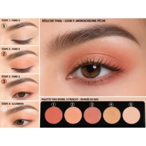 Tutoriel maquillage yeux étape par étape avec la palette d'fards à paupières Yves Morel 13 Peachy pour un look pêche.