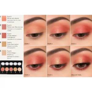 Tutoriel maquillage yeux étape par étape avec la palette fard à paupières Yves Morel 13 Peachy aux teintes corail et dorées.