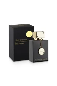 Flacon noir et boîte noire parfum Armaf Club de Nuit Intense Woman, détails dorés, sur fond blanc.