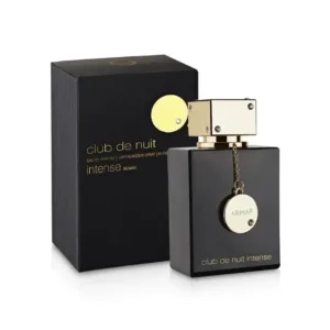 Flacon noir et boîte noire parfum Armaf Club de Nuit Intense Woman, détails dorés, sur fond blanc.