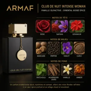 Flacon de parfum Armaf Club de Nuit Intense Woman et détail des notes olfactives orientales, boisées et épicées.