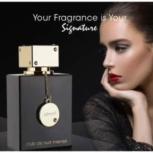 Flacon de parfum Armaf Club de Nuit Intense à côté du profil d'une femme élégante avec le slogan Your Fragrance is Your Signature.