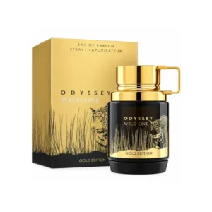 Flacon de parfum Armaf Odyssey Wild One Gold Edition à côté de son emballage doré illustré d'un tigre.