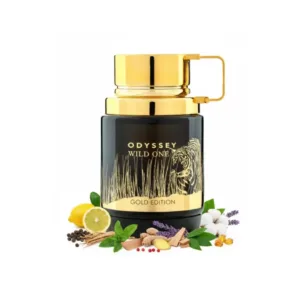Flacon de parfum Armaf Odyssey Wild One Gold Edition noir et doré entouré d'ingrédients comme le citron et la menthe.