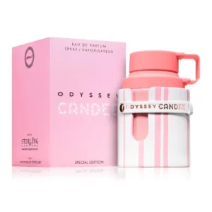 Flacon et boîte du parfum Armaf Odyssey Candee Eau de Parfum 100 ml pour femme, édition spéciale rose et blanche.